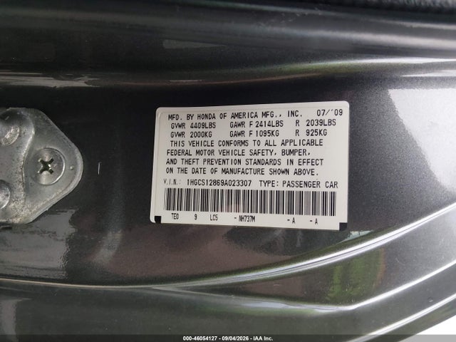 46054127 :رقم المزاد ، 1HGCS12869A023307 vin ، 2009 Honda Accord 2.4 Ex-l مزاد بيع