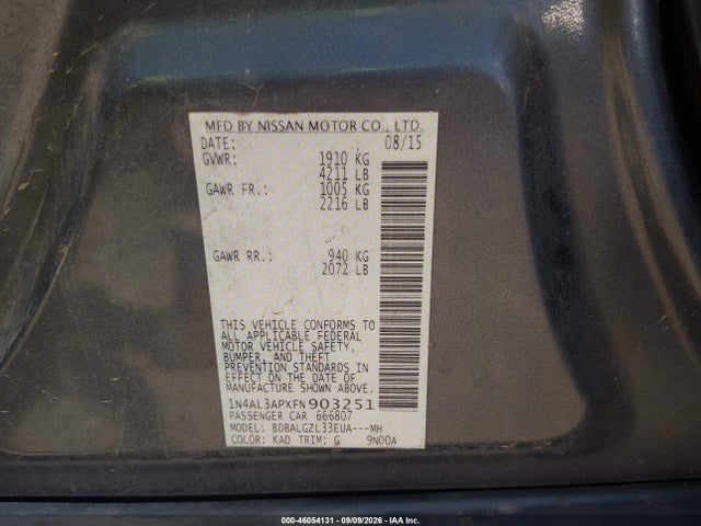 46054131 :رقم المزاد ، 1N4AL3APXFN903251 vin ، 2015 Nissan Altima 2.5 S مزاد بيع