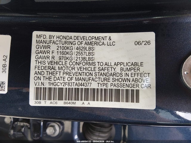 Продаж на аукціоні авто 2026 Honda Accord Hybrid Touring, vin: 1HGCY2F83TA044377, номер лоту: 46054132