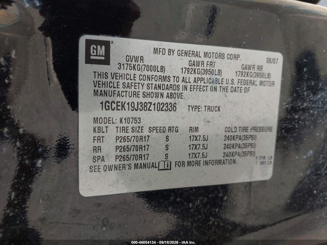 46054134 :رقم المزاد ، 1GCEK19J38Z102336 vin ، 2008 Chevrolet Silverado 1500 Lt1 مزاد بيع