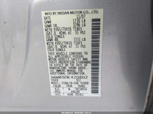 Aukcja sprzedaży 2008 Nissan Frontier Se, vin: 1N6AD07U78C420802, numer aukcji: 46054148