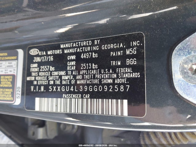 2016 Kia Optima Ex მანქანა იყიდება აუქციონზე, vin: 5XXGU4L39GG092587, აუქციონის ნომერი: 46054182