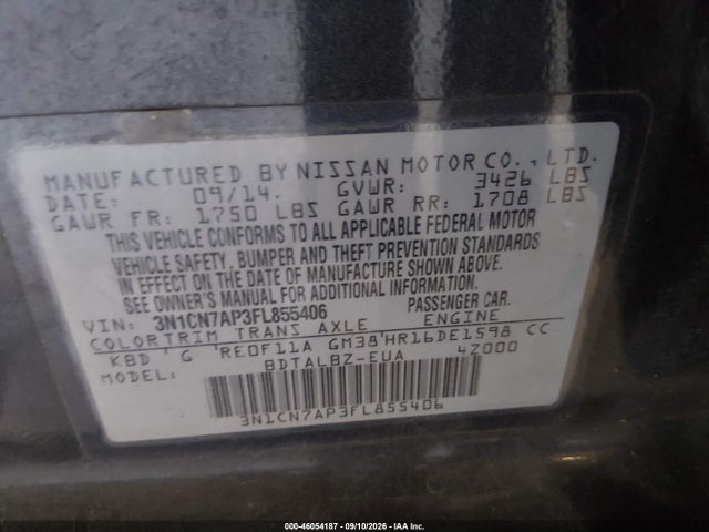 46054187 :رقم المزاد ، 3N1CN7AP3FL855406 vin ، 2015 Nissan Versa 1.6 S/1.6 S+/1.6 Sl/1.6 Sv مزاد بيع
