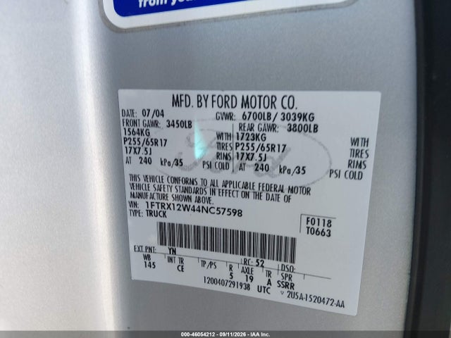 Продаж на аукціоні авто 2004 Ford F-150 Stx/xl/xlt, vin: 1FTRX12W44NC57598, номер лоту: 46054212
