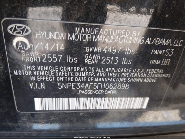 46054213 :رقم المزاد ، 5NPE34AF5FH062898 vin ، 2015 Hyundai Sonata Limited مزاد بيع