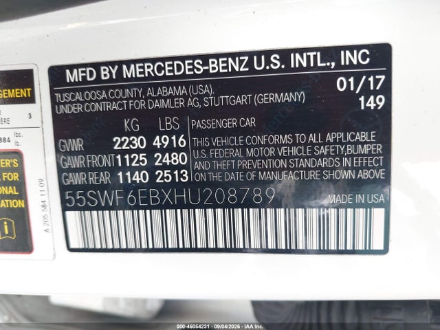 Aukcja sprzedaży 2017 Mercedes-benz Amg C 43 4matic, vin: 55SWF6EBXHU208789, numer aukcji: 46054231