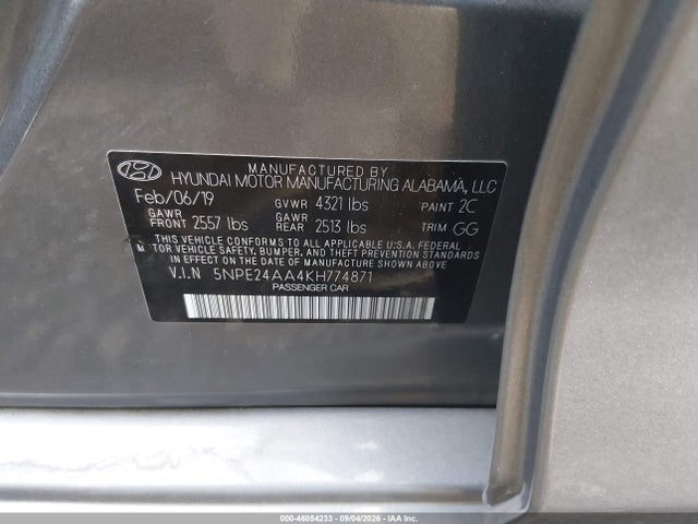 Aukcja sprzedaży 2019 Hyundai Sonata Eco, vin: 5NPE24AA4KH774871, numer aukcji: 46054233