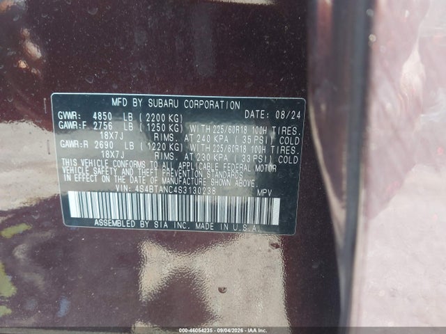 Aukcja sprzedaży 2025 Subaru Outback Limited, vin: 4S4BTANC4S3130238, numer aukcji: 46054235
