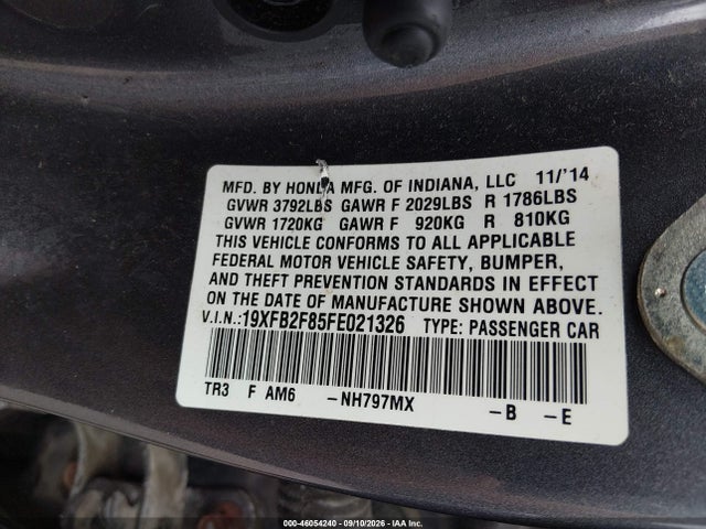 46054240 :رقم المزاد ، 19XFB2F85FE021326 vin ، 2015 Honda Civic Ex مزاد بيع
