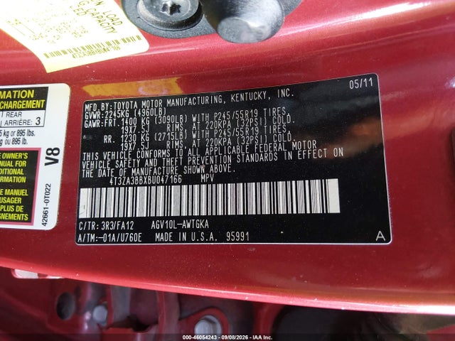 2011 Toyota Venza მანქანა იყიდება აუქციონზე, vin: 4T3ZA3BBXBU047166, აუქციონის ნომერი: 46054243