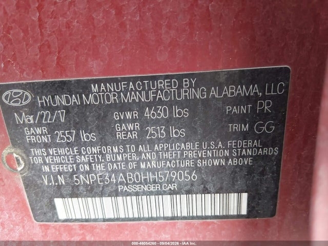 46054260 :رقم المزاد ، 5NPE34AB0HH579056 vin ، 2017 Hyundai Sonata Limited 2.0t مزاد بيع