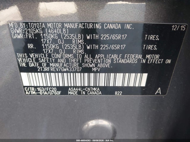 2016 Toyota Rav4 Xle მანქანა იყიდება აუქციონზე, vin: 2T3RFREV7GW433707, აუქციონის ნომერი: 46054263