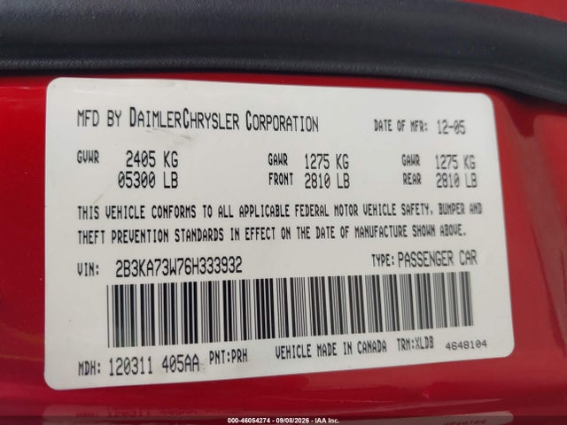 2006 Dodge Charger Srt8 მანქანა იყიდება აუქციონზე, vin: 2B3KA73W76H333932, აუქციონის ნომერი: 46054274