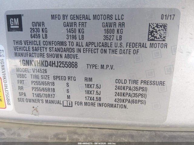 Продажа на аукционе авто 2017 Chevrolet Traverse 2lt, vin: 1GNKVHKD4HJ255868, номер лота: 46054275