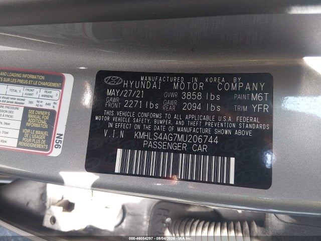 Продажа на аукционе авто 2021 Hyundai Elantra Sel, vin: KMHLS4AG7MU206744, номер лота: 46054297