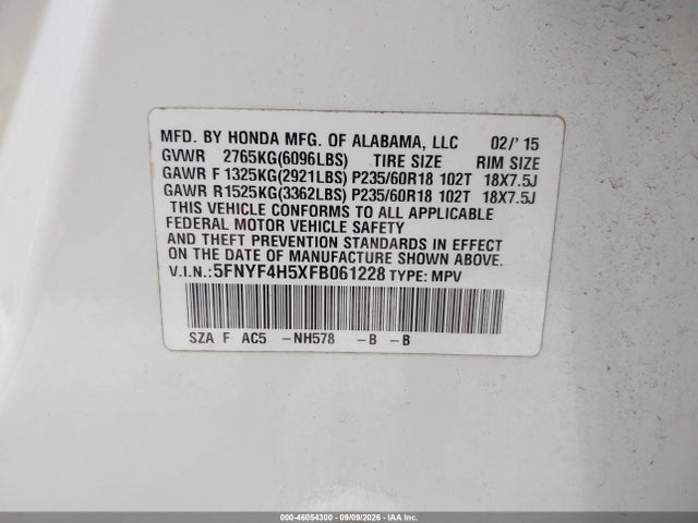 Продажа на аукционе авто 2015 Honda Pilot Ex-l, vin: 5FNYF4H5XFB061228, номер лота: 46054300