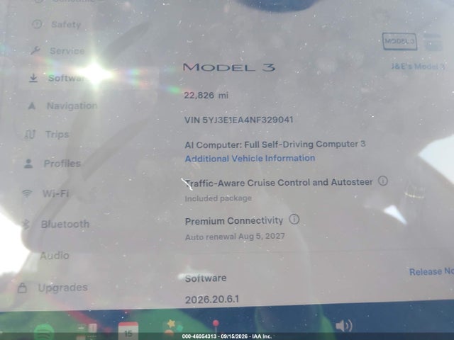 46054313 :رقم المزاد ، 5YJ3E1EA4NF329041 vin ، 2022 Tesla Model 3 Rear-wheel Drive مزاد بيع