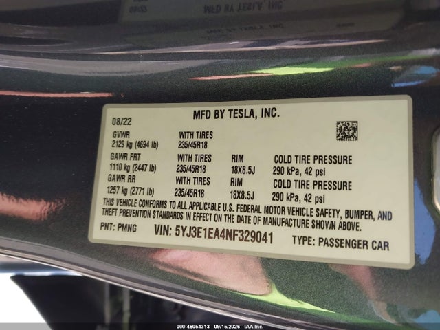 46054313 :رقم المزاد ، 5YJ3E1EA4NF329041 vin ، 2022 Tesla Model 3 Rear-wheel Drive مزاد بيع