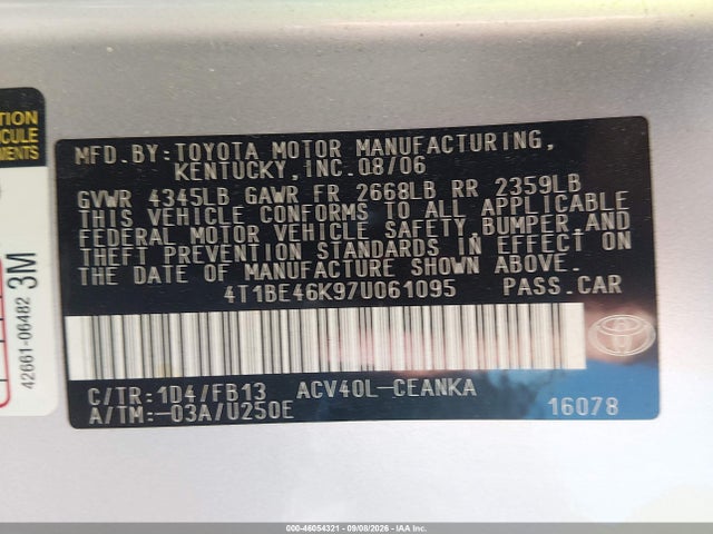 2007 Toyota Camry Le მანქანა იყიდება აუქციონზე, vin: 4T1BE46K97U061095, აუქციონის ნომერი: 46054321