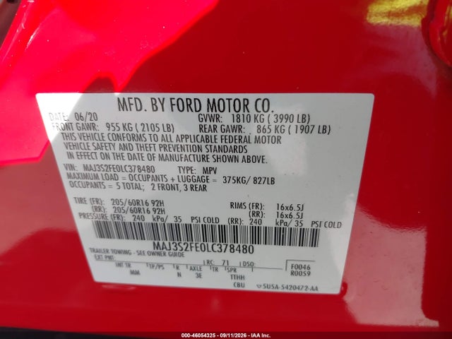 2020 Ford Ecosport S მანქანა იყიდება აუქციონზე, vin: MAJ3S2FE0LC378480, აუქციონის ნომერი: 46054325