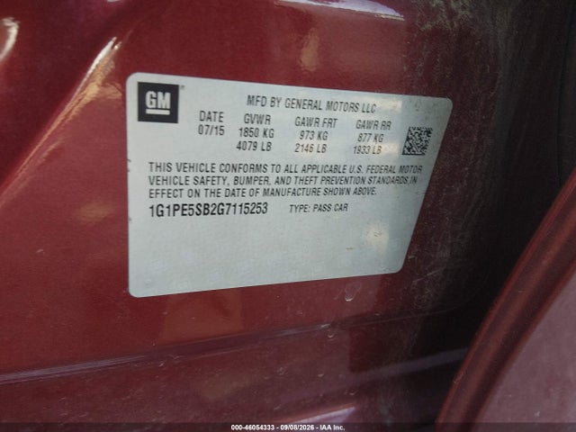 46054333 :رقم المزاد ، 1G1PE5SB2G7115253 vin ، 2016 Chevrolet Cruze Limited 1lt Auto مزاد بيع