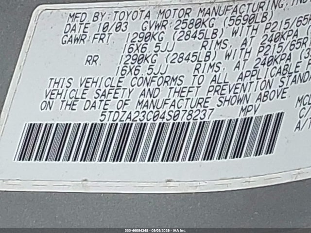 Aukcja sprzedaży 2004 Toyota Sienna Le, vin: 5TDZA23C04S078237, numer aukcji: 46054345