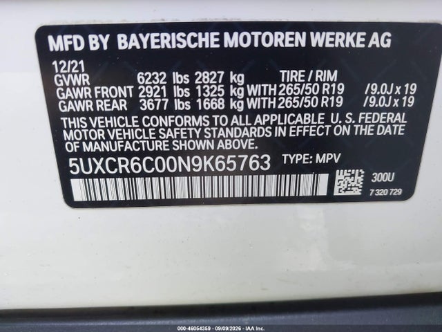 Продажа на аукционе авто 2022 Bmw X5 Xdrive40i, vin: 5UXCR6C00N9K65763, номер лота: 46054359