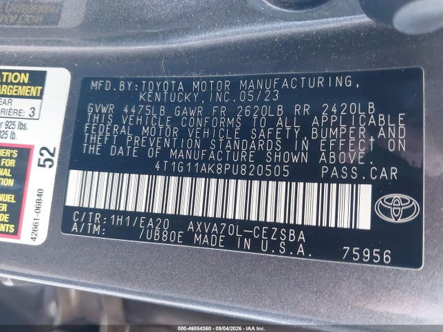 2023 Toyota Camry Se მანქანა იყიდება აუქციონზე, vin: 4T1G11AK8PU820505, აუქციონის ნომერი: 46054360
