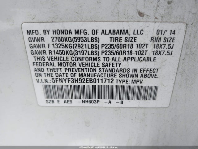 Honda Pilot Touring 2014 5FNYF3H92EB011712 Image 9