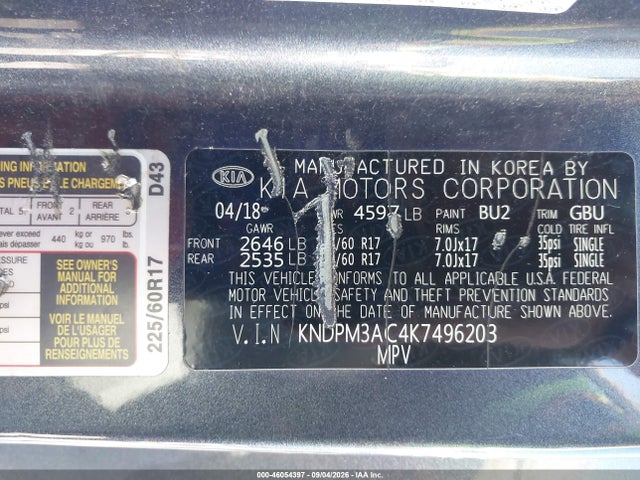2019 Kia Sportage Lx მანქანა იყიდება აუქციონზე, vin: KNDPM3AC4K7496203, აუქციონის ნომერი: 46054397