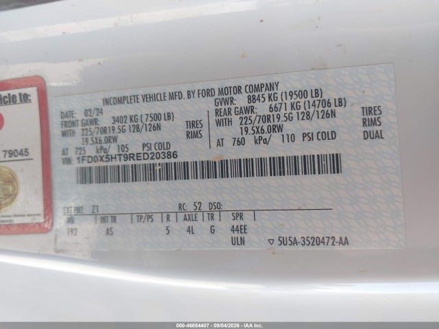Aukcja sprzedaży 2024 Ford F-550 Chassis Xl, vin: 1FD0X5HT9RED20386, numer aukcji: 46054407