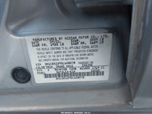 2002 Nissan Sentra Gxe მანქანა იყიდება აუქციონზე, vin: 3N1CB51D92L608078, აუქციონის ნომერი: 46054415