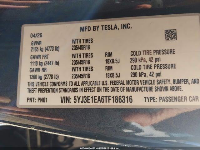 5YJ3E1EA6TF186316 Tesla Model 3 Premium Rear-wheel Drive/rear-wheel Drive