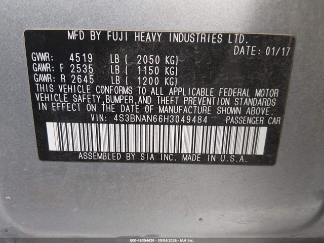 46054426 :رقم المزاد ، 4S3BNAN66H3049484 vin ، 2017 Subaru Legacy 2.5i Limited مزاد بيع