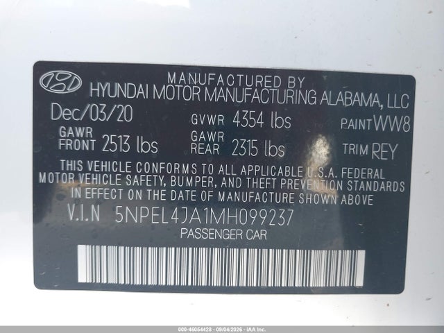Продаж на аукціоні авто 2021 Hyundai Sonata Sel, vin: 5NPEL4JA1MH099237, номер лоту: 46054428