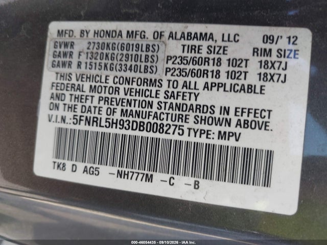 Продаж на аукціоні авто 2013 Honda Odyssey Touring/touring Elite, vin: 5FNRL5H93DB008275, номер лоту: 46054435