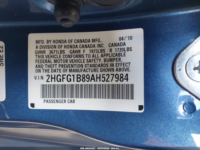 2010 Honda Civic Ex მანქანა იყიდება აუქციონზე, vin: 2HGFG1B89AH527984, აუქციონის ნომერი: 46054452