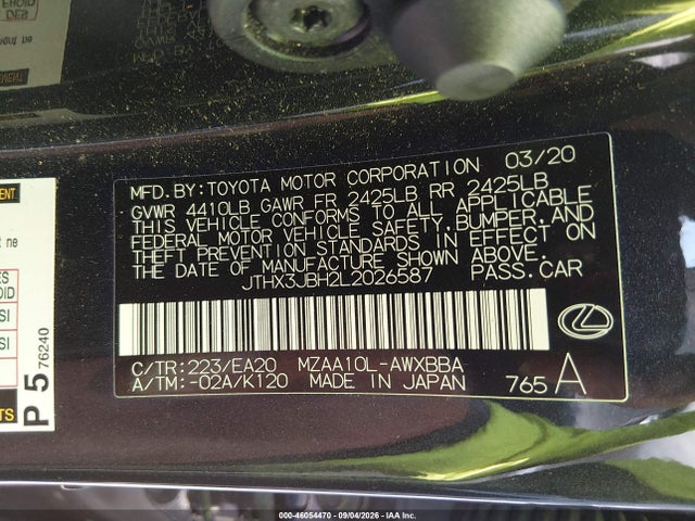 Aukcja sprzedaży 2020 Lexus Ux 200, vin: JTHX3JBH2L2026587, numer aukcji: 46054470