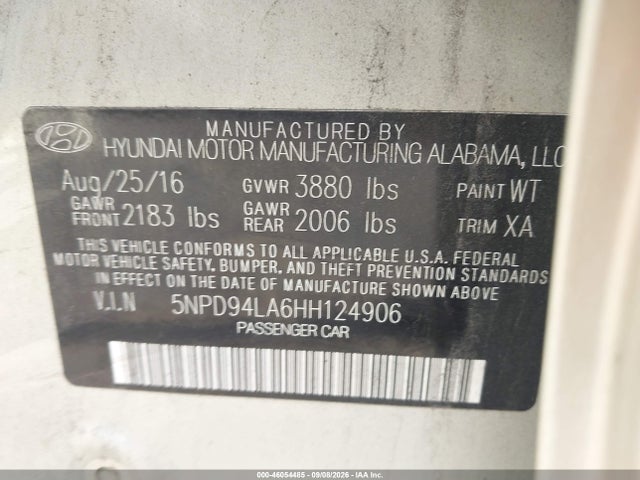 46054485 :رقم المزاد ، 5NPD94LA6HH124906 vin ، 2017 Hyundai Elantra Eco مزاد بيع
