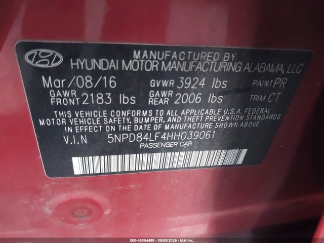 Продажа на аукционе авто 2017 Hyundai Elantra Limited, vin: 5NPD84LF4HH039061, номер лота: 46054499