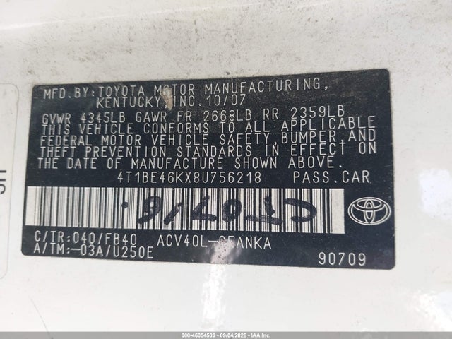 46054509 :رقم المزاد ، 4T1BE46KX8U756218 vin ، 2008 Toyota Camry Le مزاد بيع