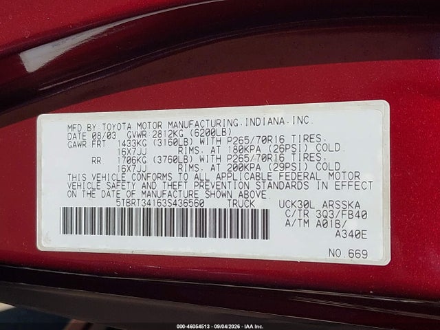 Продажа на аукционе авто 2003 Toyota Tundra Sr5 V8, vin: 5TBRT34163S436560, номер лота: 46054513