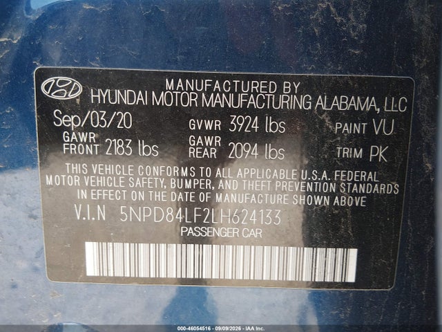Продаж на аукціоні авто 2020 Hyundai Elantra Sel, vin: 5NPD84LF2LH624133, номер лоту: 46054516