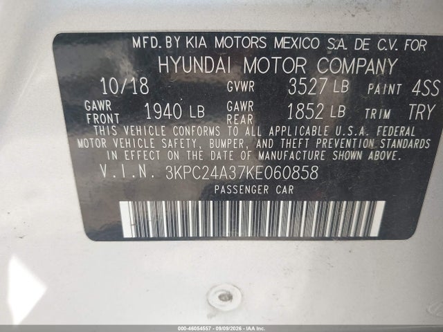 Продажа на аукционе авто 2019 Hyundai Accent Se, vin: 3KPC24A37KE060858, номер лота: 46054557
