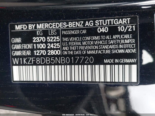 46054559 :رقم المزاد ، W1KZF8DB5NB017720 vin ، 2022 Mercedes-benz E 350 مزاد بيع