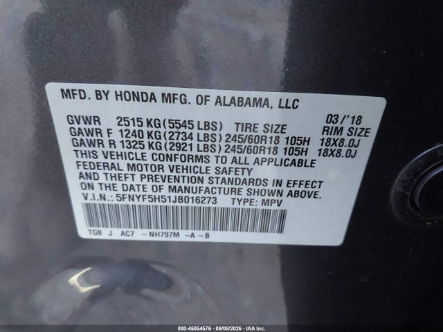 2018 Honda Pilot Ex-l მანქანა იყიდება აუქციონზე, vin: 5FNYF5H51JB016273, აუქციონის ნომერი: 46054576