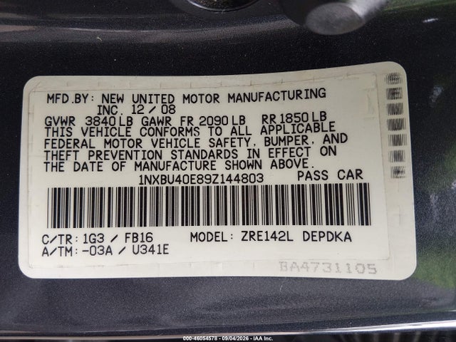 46054578 :رقم المزاد ، 1NXBU40E89Z144803 vin ، 2009 Toyota Corolla Le مزاد بيع
