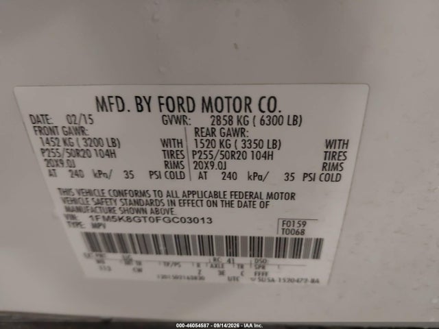 Продажа на аукционе авто 2015 Ford Explorer Sport, vin: 1FM5K8GT0FGC03013, номер лота: 46054587