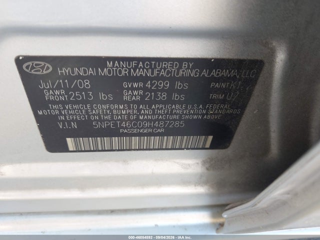 46054592 :رقم المزاد ، 5NPET46C09H487285 vin ، 2009 Hyundai Sonata Gls مزاد بيع