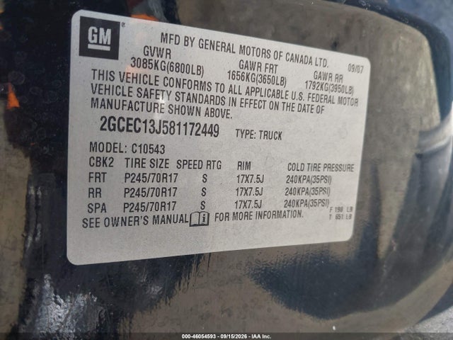 Продаж на аукціоні авто 2008 Chevrolet Silverado 1500 Lt1, vin: 2GCEC13J581172449, номер лоту: 46054593